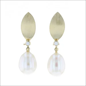 White Freshwater Pearl and Diamond Lever Back Earrings 18KY (Consignment)